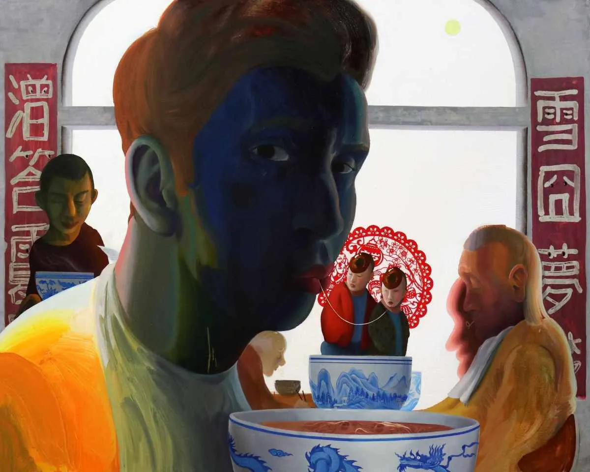 The Blue Mark, 2023 Oil, Acrylic, Charcoal, Paper, and Thread on Canvas 47.2 x 1.5 in